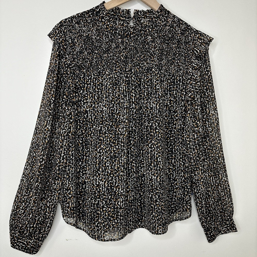 LOFT Blouse Boho Large Black Ditsy Floral Peasant Ruffle Smocked Yolk Flowy‎